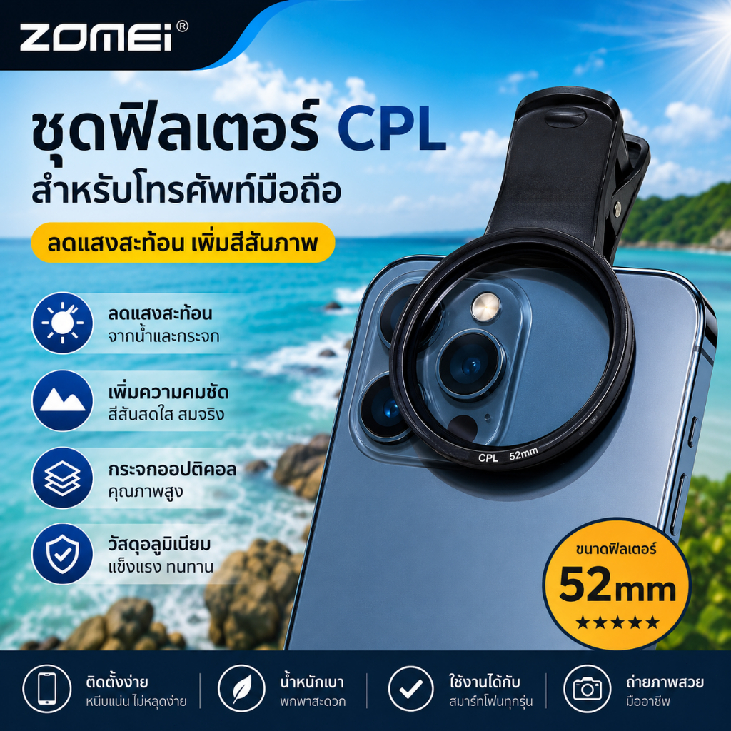 Zomei  CPL Filter พร้อมตัวหนีบโทรศัพท์สำหรับใส่ฟิลเตอร์ขนาด 52mm