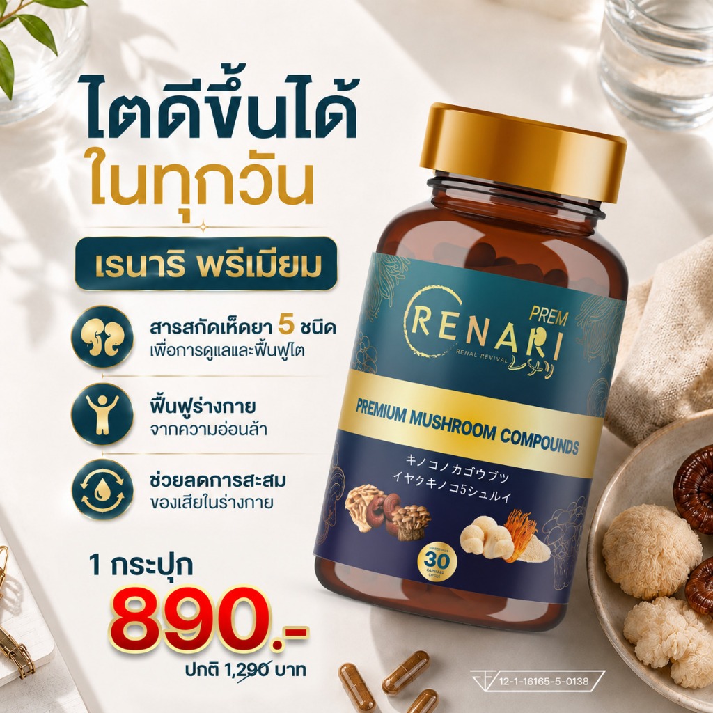 ใหม่ ! เรนาริพรีเมียม อาหารเสริมไต สูตรพรีเมียม 7 สารสกัด ดูแลสุขภาพไต 30 แคปซูล