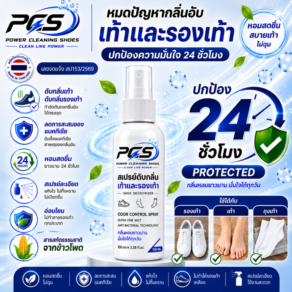 PCS POWER FRESH FOOTSPRAY สเปรย์ดับกลิ่นเท้าและรองเท้า ลดอับชื้นแก้เท้าเหม็น หอมนาน 24 ชม. สารสกัดธรรมชาติ มีเลขจดแจ้ง