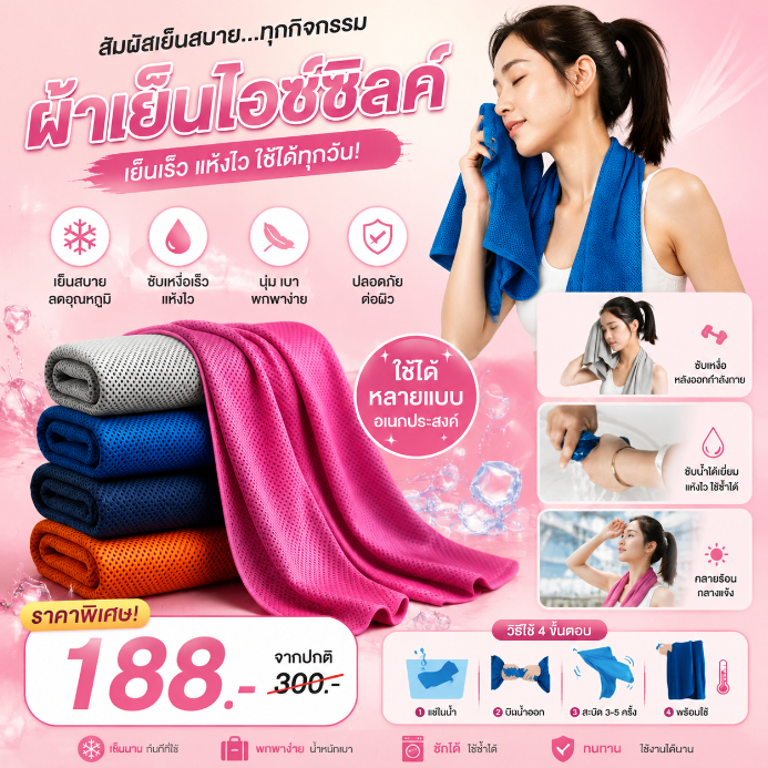 ผ้าขนหนูเย็นแบบผ้าไหมน้ำแข็ง ซับน้ำเร็ว แห้งไว นุ่ม สำหรับล้างหน้า ผ้าขนหนูลดอุณหภูมิช่วงหน้าร้อน นุ่มสบาย ผ้าเช็ดหน้าแบ