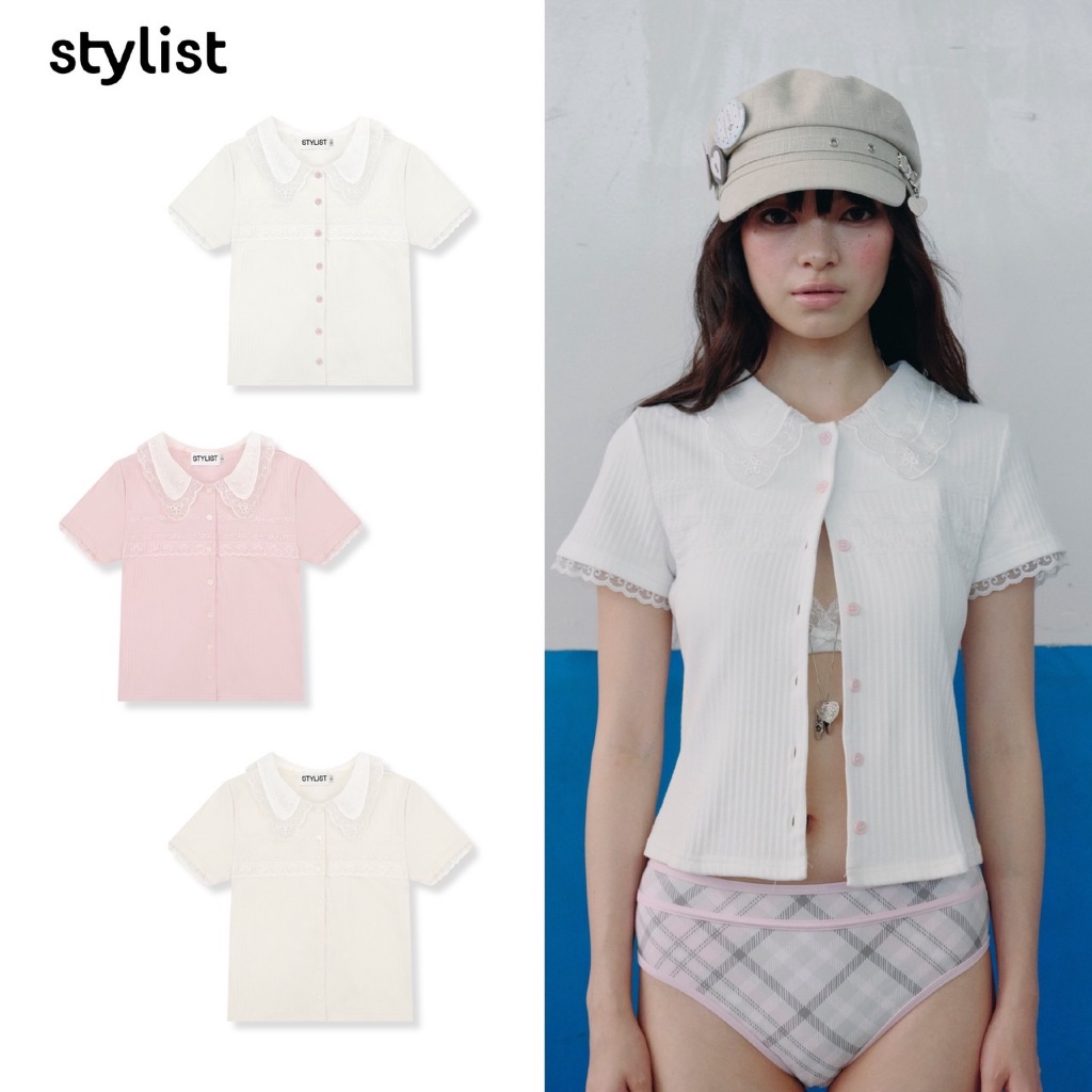 STYLIST x Brinkkty - Blouse -Melly-003  -  เสื้อแขนสั้นคอบัวผ้าลูกไม้