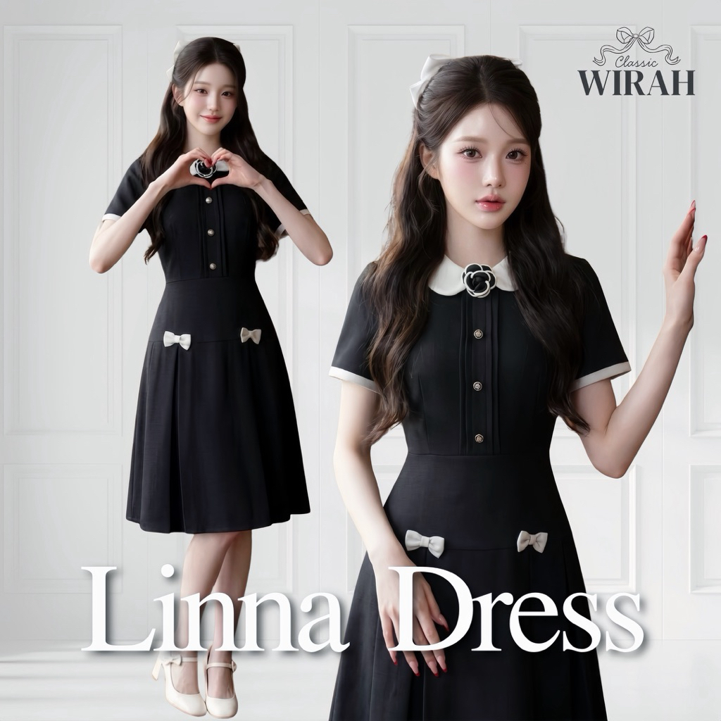 DW512 Linna Dress ชุดเดรสทูโทนสีดำตัดด้วยดีเทลสีขาวครีม (Black & White) ให้ลุคที่ดูสุภาพ เรียบร้อย