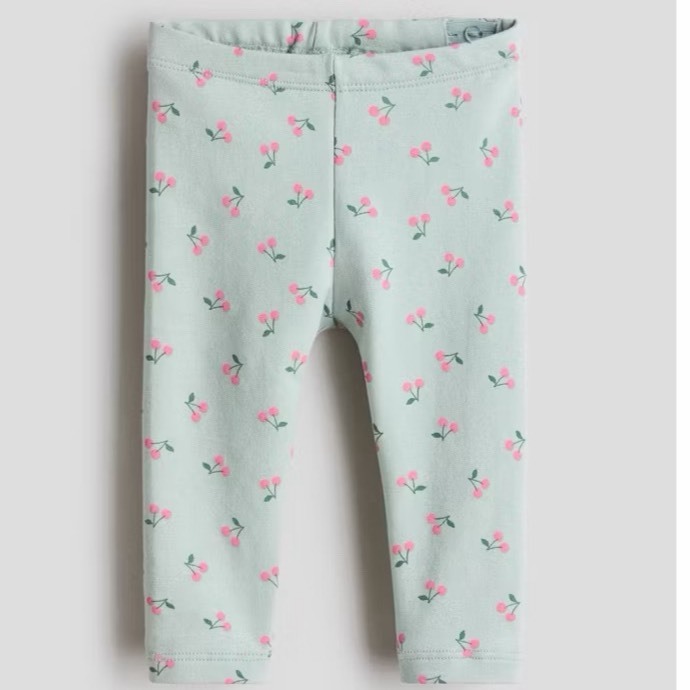 H&M กางเกงเลกกิ้ง สีเขียวอ่อน ลายเชอรี่ ปรับเอวได้ ไซด์ 4-6 เดือน