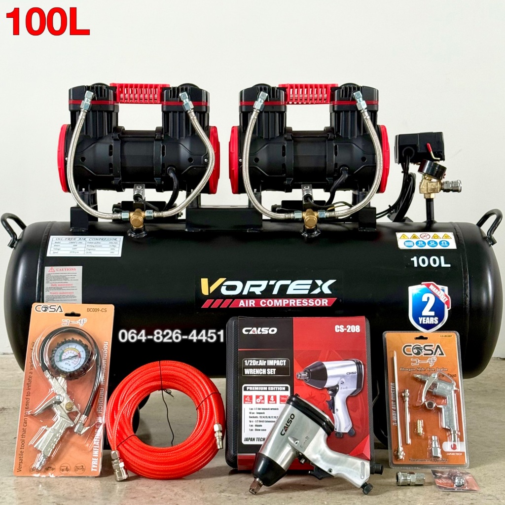 ปั้มลมใหญ่ 100ลิตร ออยฟรี 2มอเตอร์ (ปั้มแรง เต็มเร็ว) ของแท้ ปั้มลม Vortex งานหนัก สบาย ประกัน2ปี