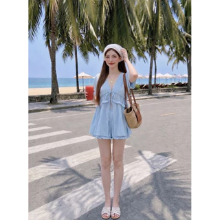 🏖️Sandy Day ชุดเซ็ต 2 ชิ้น เสื้อแขนสั้นผูกหน้า+กางเกงขาสั้นบอลลูน