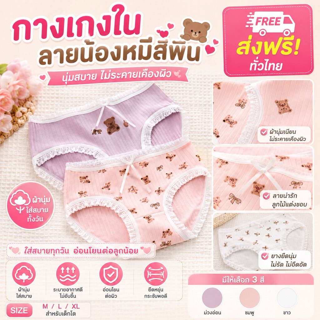 PrettyLady Shop (NO.567)กางเกงชั้นใน ลายน้องหมีสีพื้น หูกระต่าย  ลูกไม้
