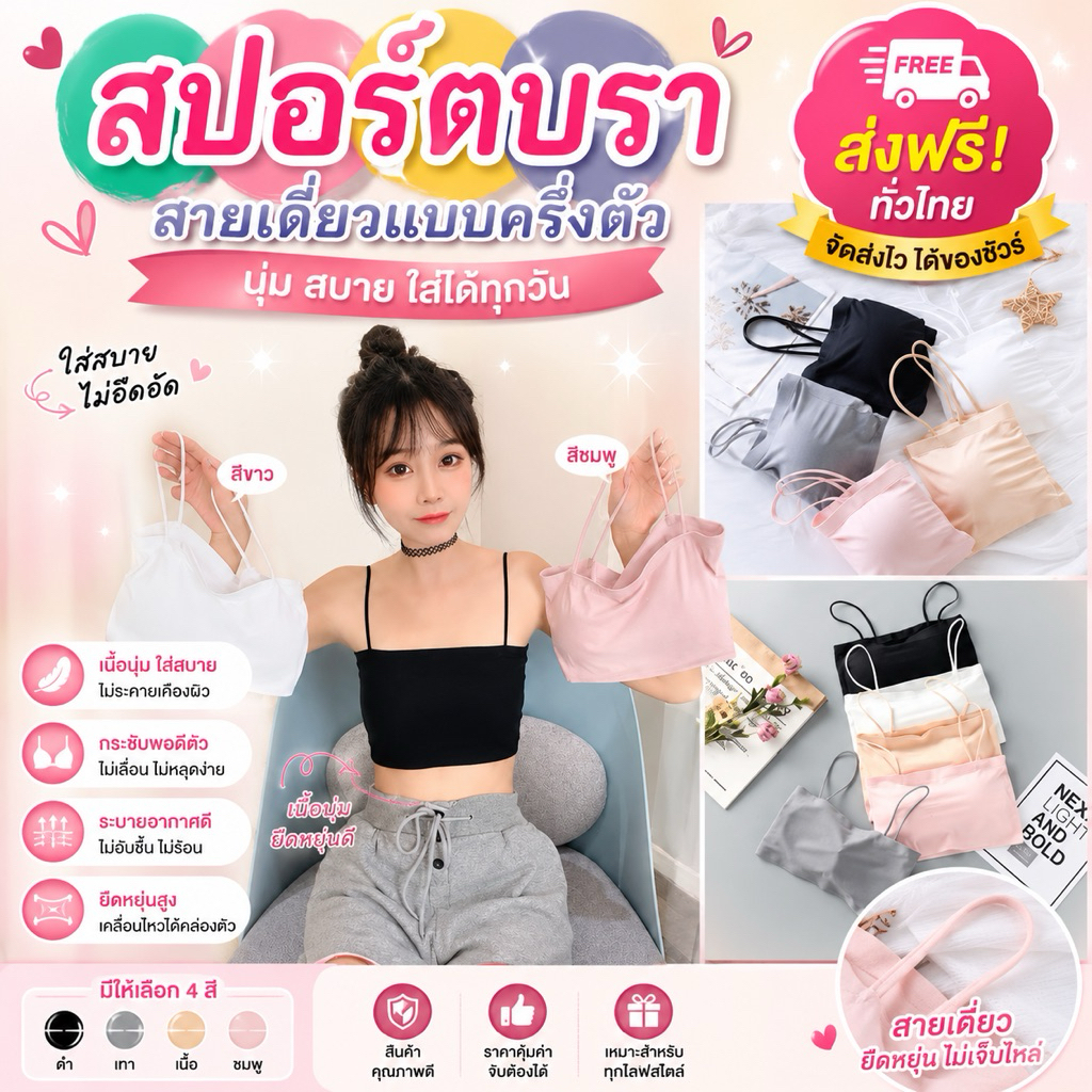 PrettyLady Shop（NO.30) สายเดี่ยวแบบครึ่งตัว สปอร์ตบรา เสื้อในผู้หญิง ผ้านิ่มเด้ง Free Size