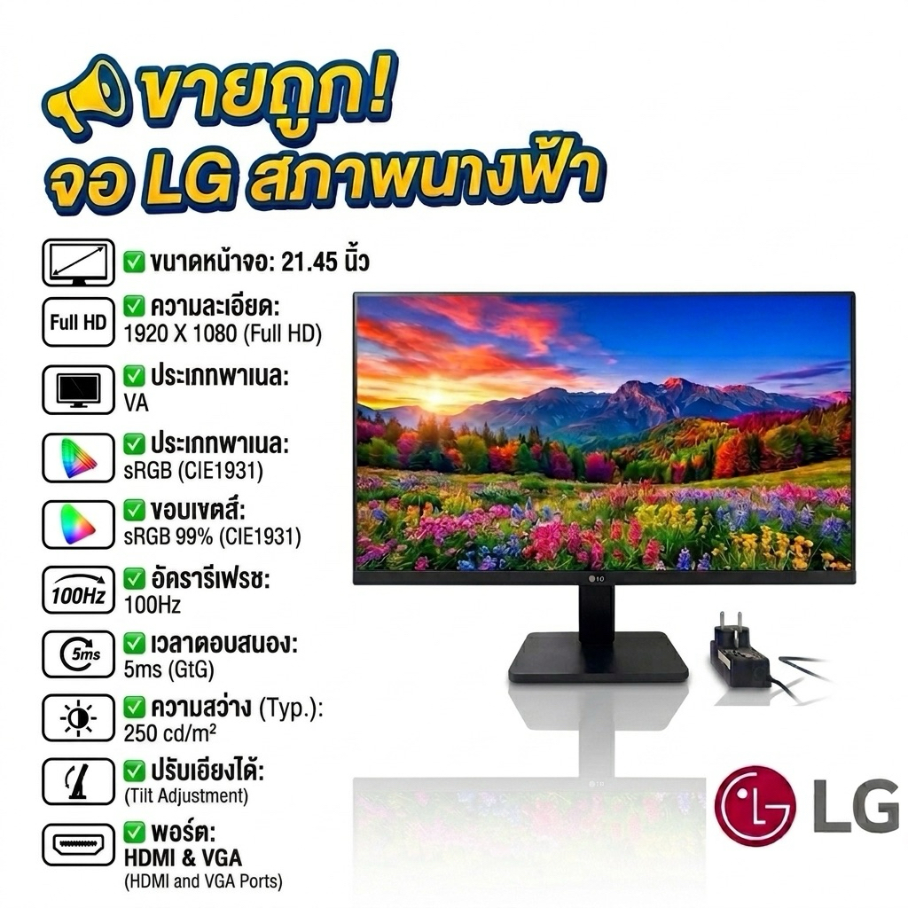 จอคอม LG Monitor 21.45 นิ้ว 22MR410-B (IPS LCD) 100Hz สินค้ามือสองรับประกัน 1 ปี