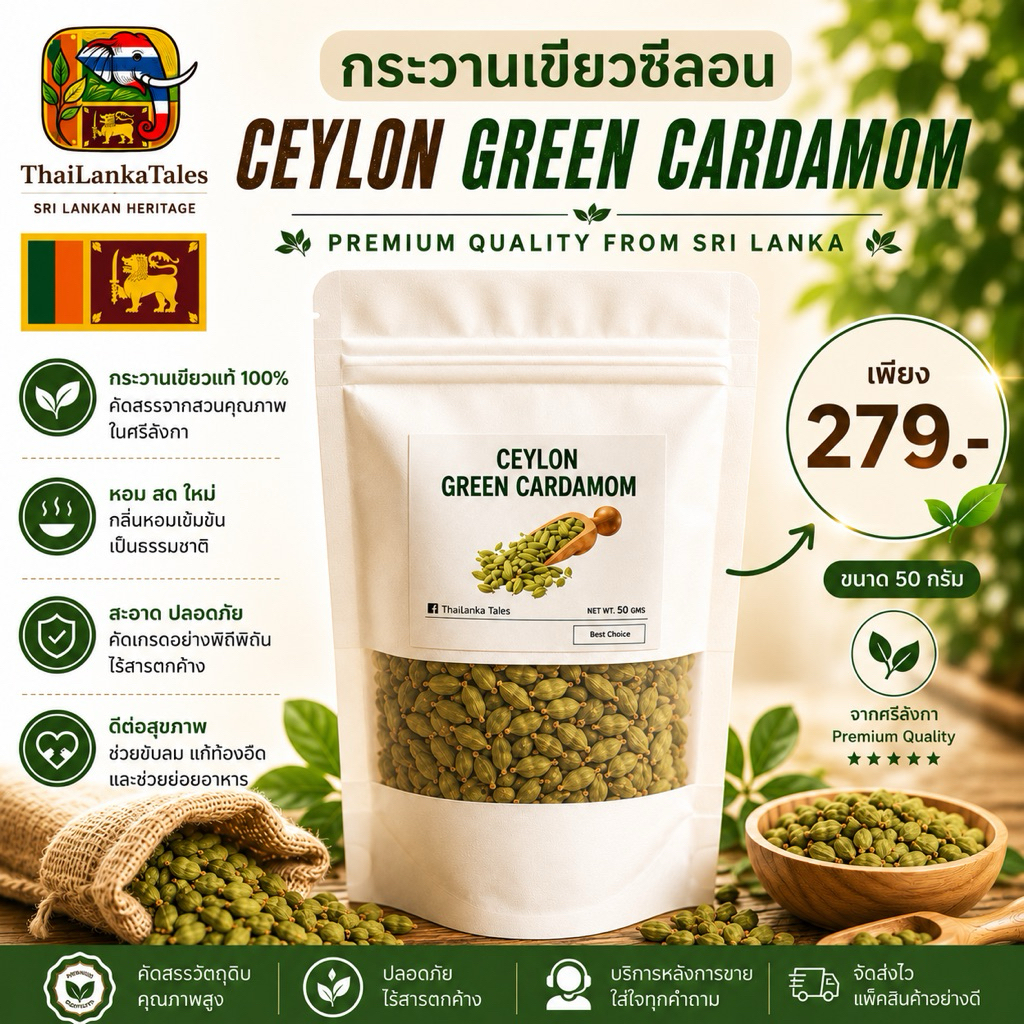 กระวานเขียวซีลอนแท้ 50g | Ceylon Green Cardamom | หอมสด เม็ดใหญ่ คัดพรีเมียม