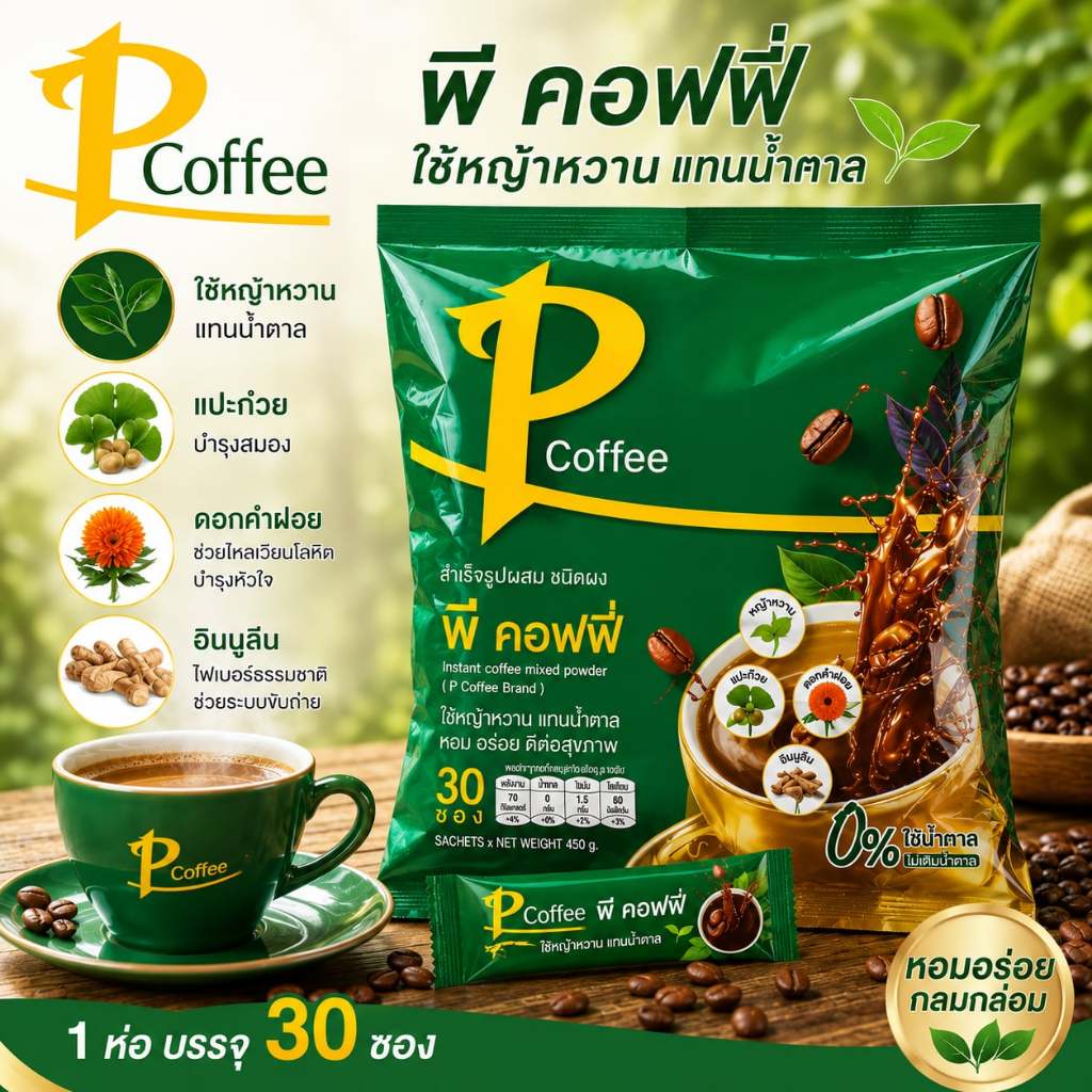 P coffee กาแฟพีคอฟฟี่ ( 1 ห่อ บรรจุ 30 ซอง )ใช้หญ้าหวาน ผสมแปะก๋วย ดอกคำฝอย อินนูลีน