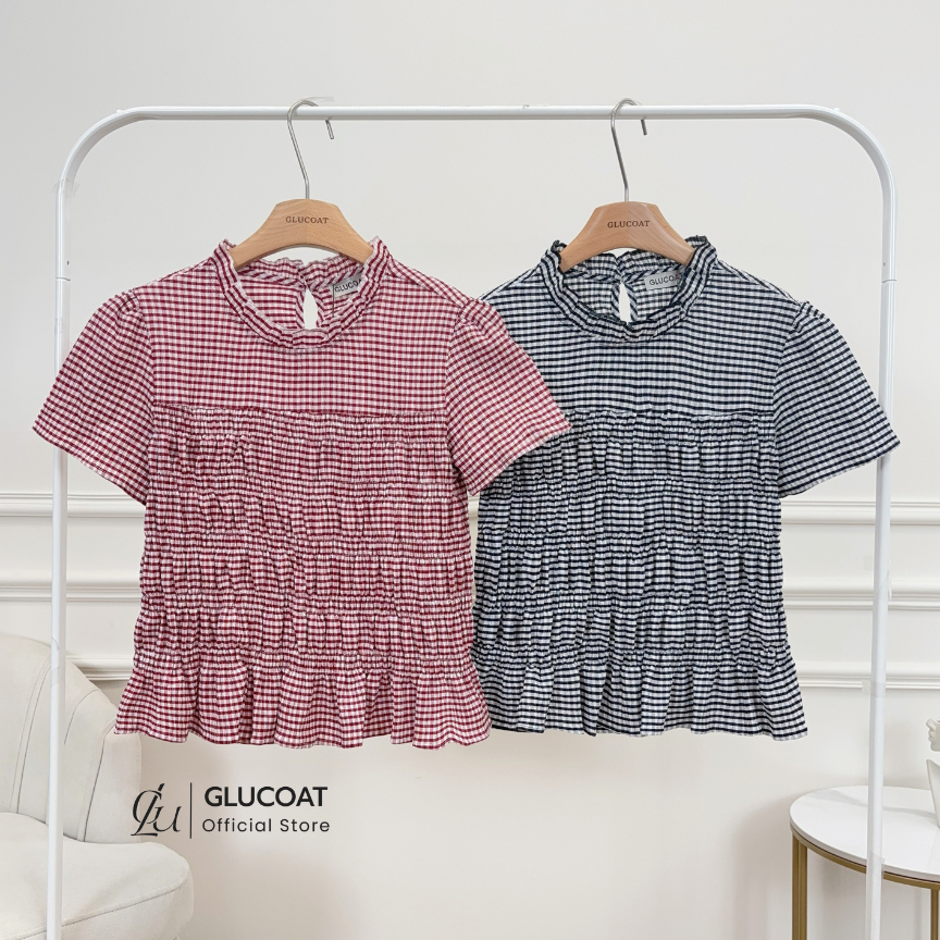 Glucoat | [A735] เสื้อแขนสม็อสีครีม คอกลมแต่งฉลุ ปักลายดอกไม้แต่งระบาย กระดุมจบหลังหนึ่งเม็ด