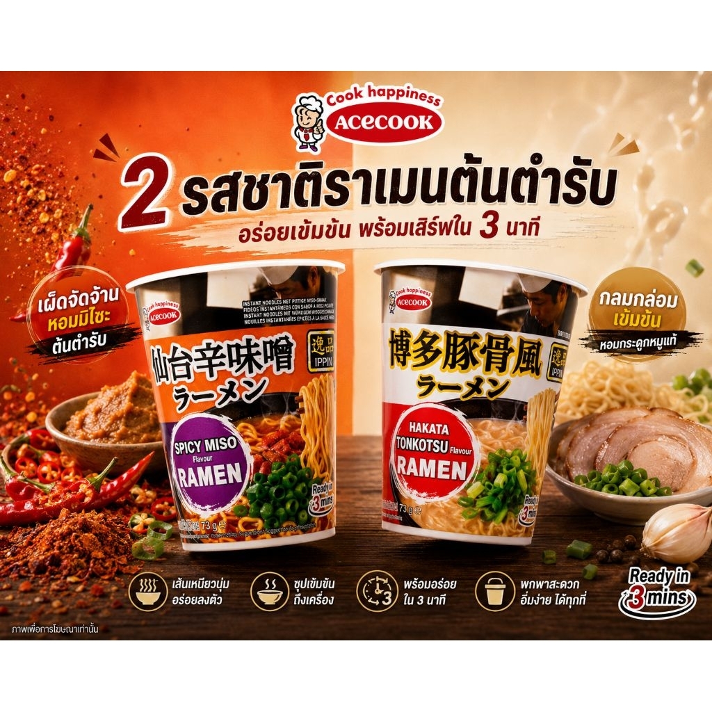 Ippin ramen ทงคัตสึ, Spicy Ramen 73 กรัม Tonkotsu ramen /spicy miso ramen