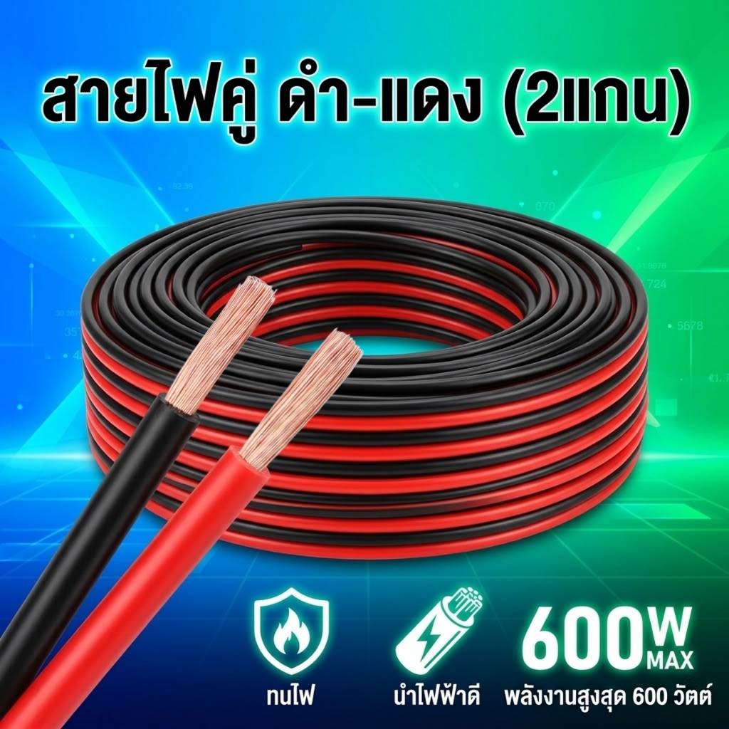 สายไฟสองแกน สีดำแดง แกน CCA ทองแดงหุ้มอะลูมิเนียม ขนาดแกน 1 มม.SQ รองรับสูงสุด 600W แยกเส้นง่าย