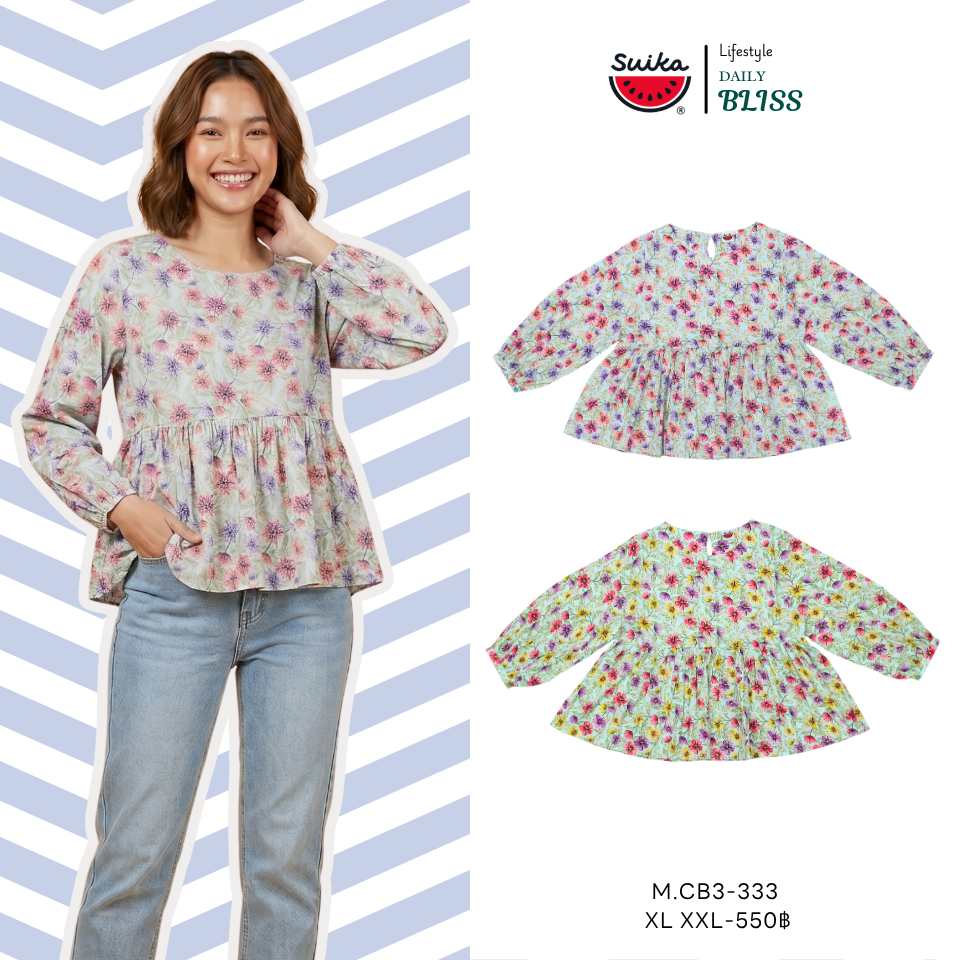 เสื้อแตงโม (SUIKA) - เสื้อคอปาดแขนทรงพองต่อใต้อกรูดจีบหน้า-หลัง แขนสามส่วน (M.CBF3-153 333) — صورة 3