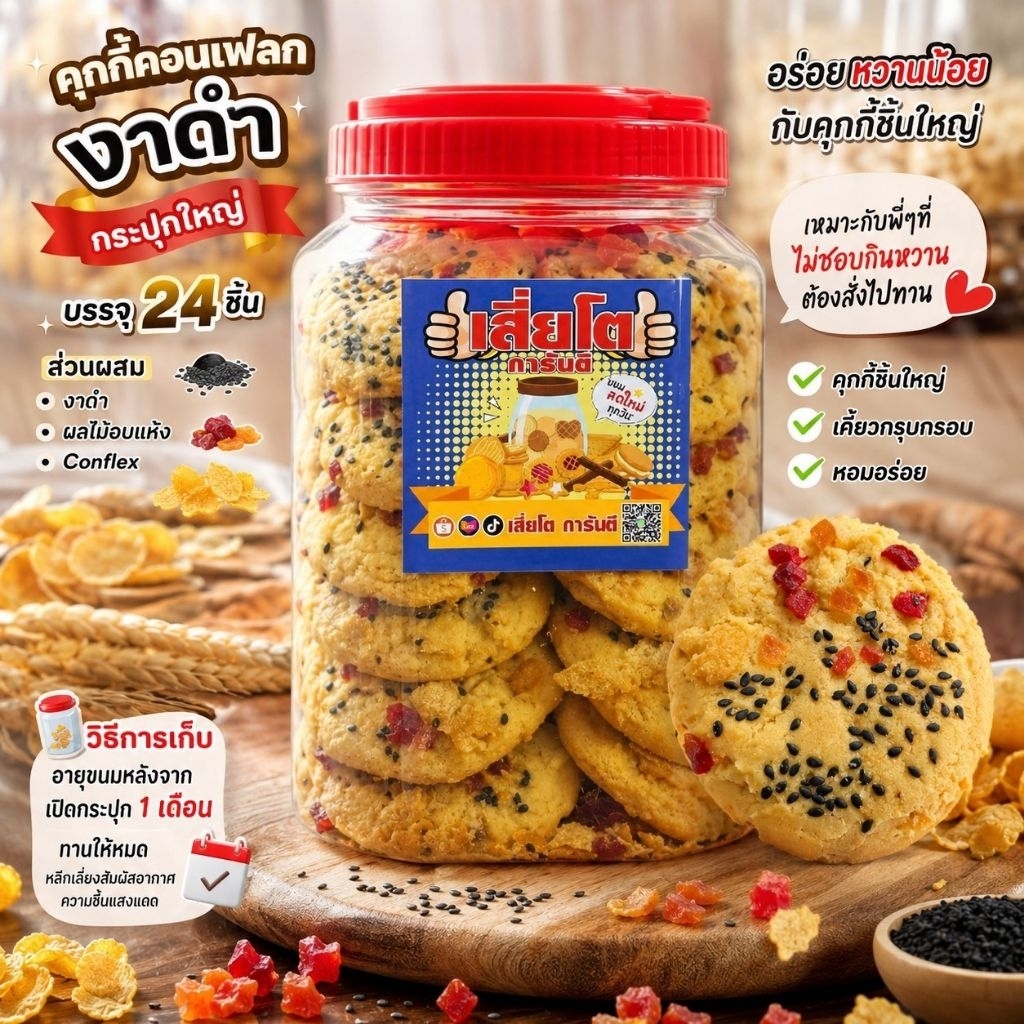 ขนมคุกกี้คอนเฟลกงาดำ โหลใหญ่ 24 ชิ้น