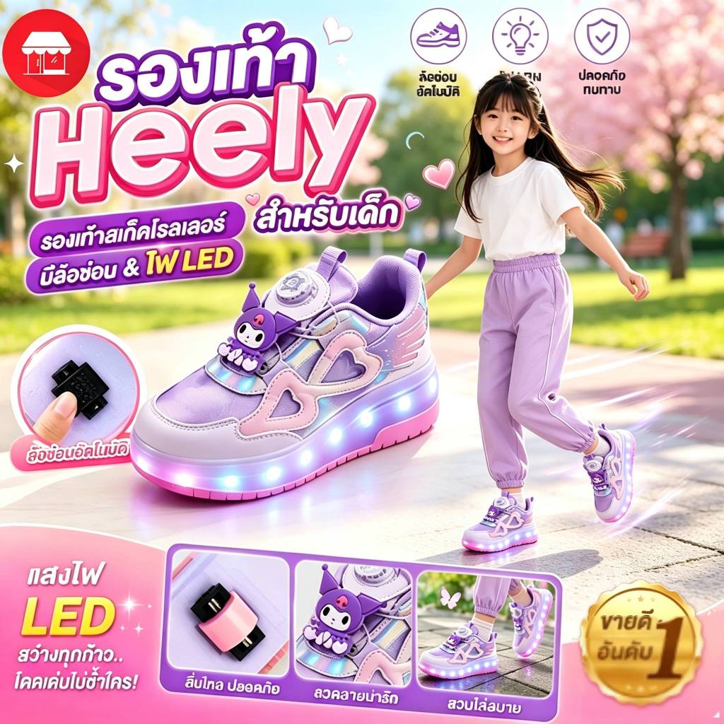 รองเท้าสเก็ตถอดล้อได้ ลายคุโรมิ สำหรับเด็กผู้หญิง ดีไซน์เจ้าหญิง มีไฟ LED สุดน่ารัก ทนทาน ใส่สบาย พร้อมส่ง ขนาด 29-38 🎀