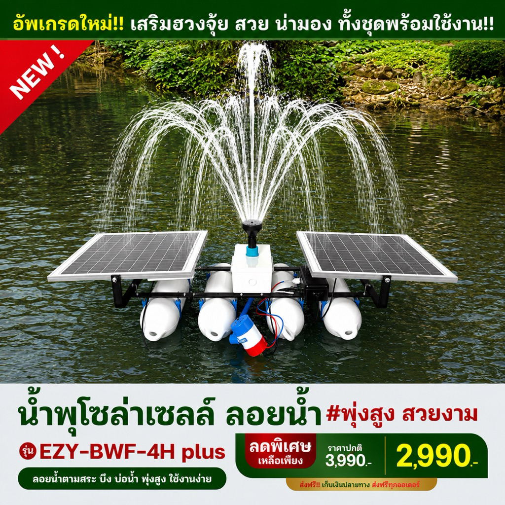 น้ำพุลอยน้ำโซล่าเซลล์ #รุ่นใหม่ พุ่งสูง เสริมฮวงจุ้ย