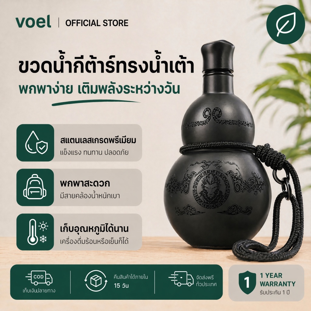 Voel Wukong ขวดน้ำขนาด500มล. ลายน้ำเต้าฉนวนกันความร้อนสำหรับเกมงานอดิเรกคอสเพลย์ขวดน้ำกีฬากลางแจ้งแบบพกพา
