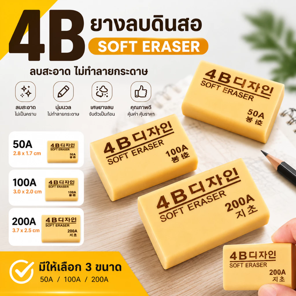 🔥ราคาส่ง🔥 ยางลบสีครีม 4B ERASER ยางลบดินสอ ลบข้อความ ✔️พร้อมส่ง ยางลบน่ารัก เครื่องเขียน