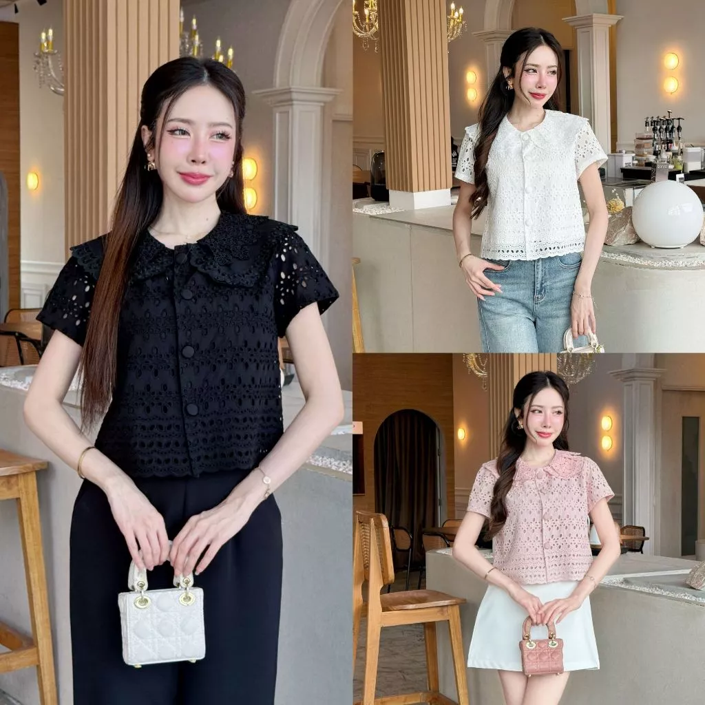 [S-4XL] เสื้อลูกไม้ตัวสั้นปกลูกไม้สองชั้นผ้าปักฉลุมีซับใน