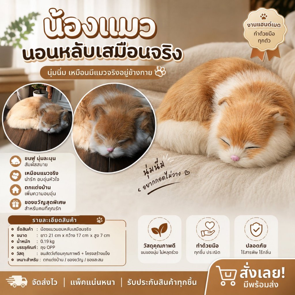 🔥  พร้อมส่ง 🇹🇭 🔥 โมเดลแมวหลับจำลอง ขนฟูเสมอจริง ขนาด 1:1 ของตกแต่งบ้านสุดน่ารัก เป็นแมวตัวเล็ก 🐱💤