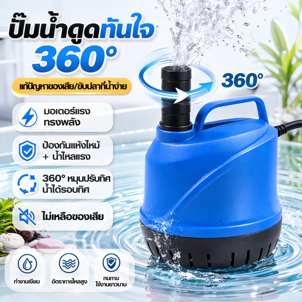 ปั๊มน้ำจุ่มดูดน้ำด้านล่าง 360° สูบน้ำแรง ใช้งานเงียบ สำหรับตู้ปลา บ่อปลา น้ำพุ และถ่ายน้ำทั่วไป