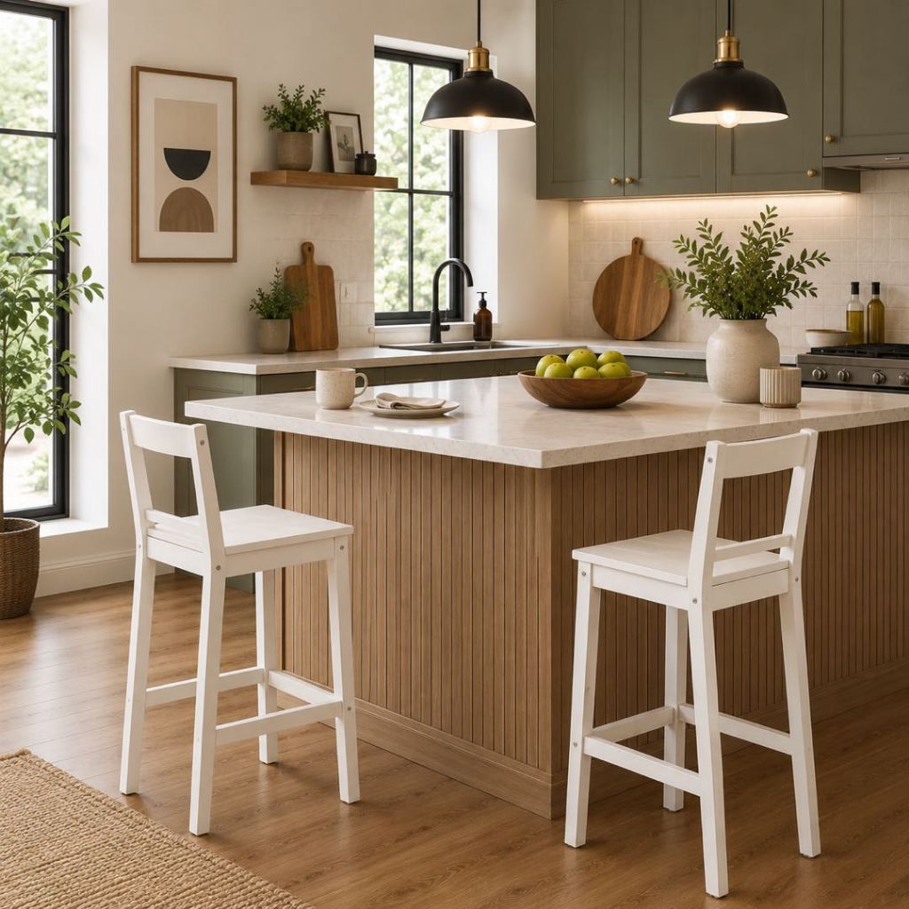 PJ wood เก้าอี้บาร์ไม้มีพนักพิง เก้าอี้สตูลสูงไม้แท้ Rubberwood Barstool with Backrest