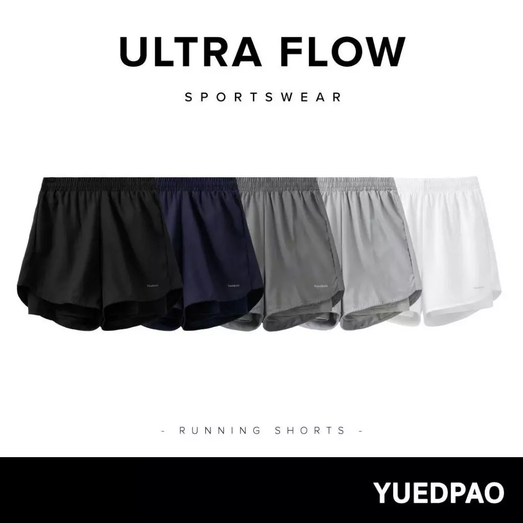 Yuedpao Sportswear - Running Shorts 2025 กางเกงออกกำลังกายขาสั้น กางเกงวิ่ง 2in1 มีซับใน พร้อมกระเป๋าด้านข้าง (5 สี)
