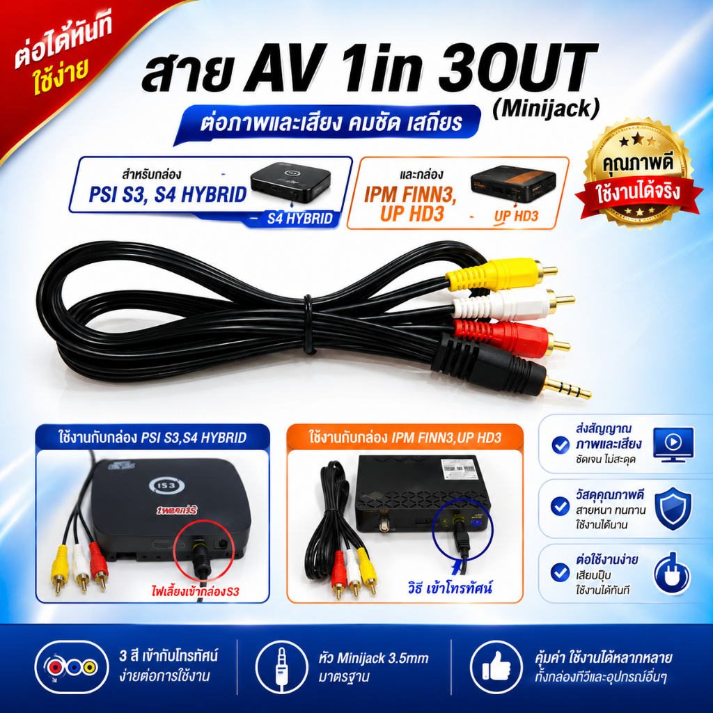 สาย AV 1 in 3 Out แจ็ค 3.5 มิล. ยาว 1.50 เมตร (สำหรับกล่องPSIS3HYBRID)