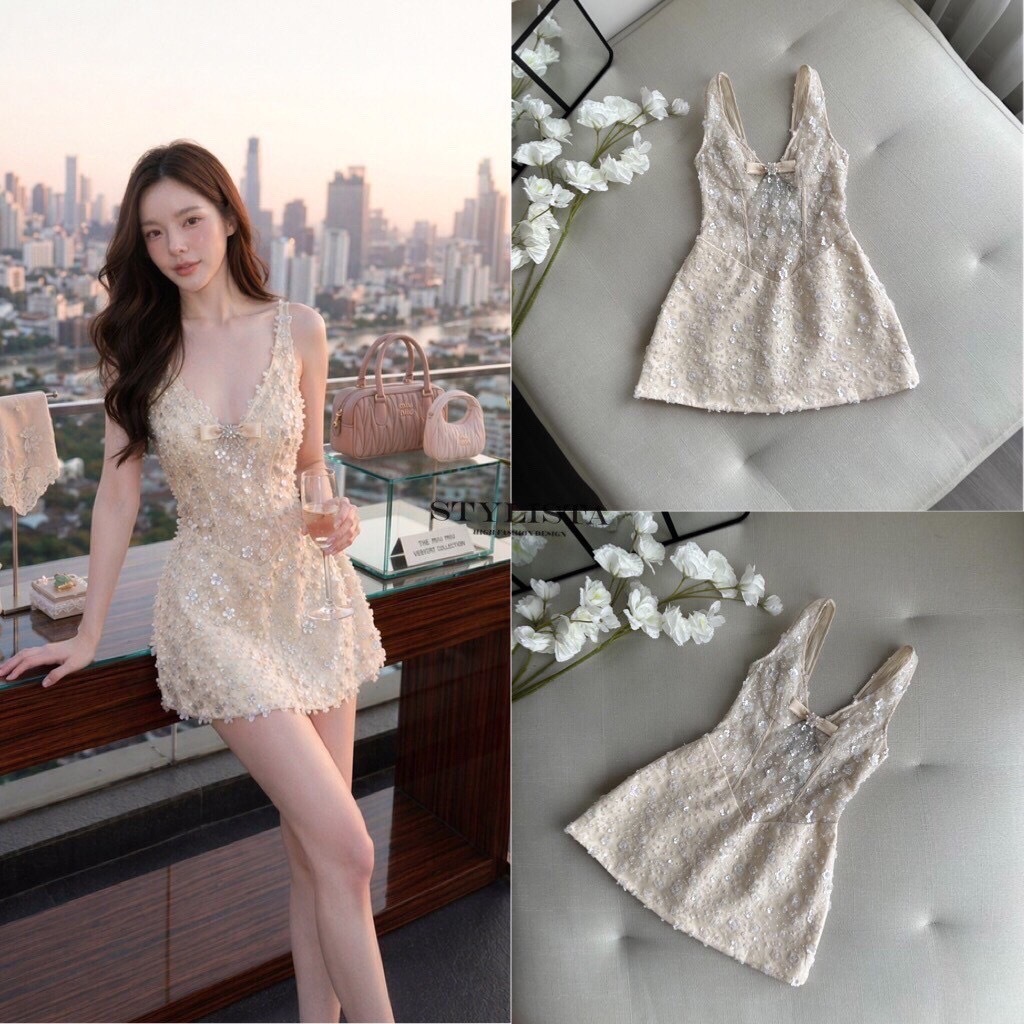 STYLISTA Dressปักเลื่อมดอก 3D ทั้งตัว(ไม่มีฟองน้ำ)