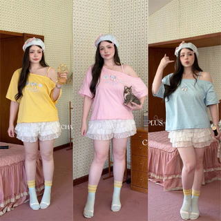(LD) เสื้อปาดไหล่แขนสั้น สกรีนอกแต่งอะไหล่เชอรี่ น่ารัก กุ้กกิ้ก ผ้าคอตตอน น่ารักมากๆ เสื้อผ้าสาวอวบอ้วน ไซส์ใหญ่