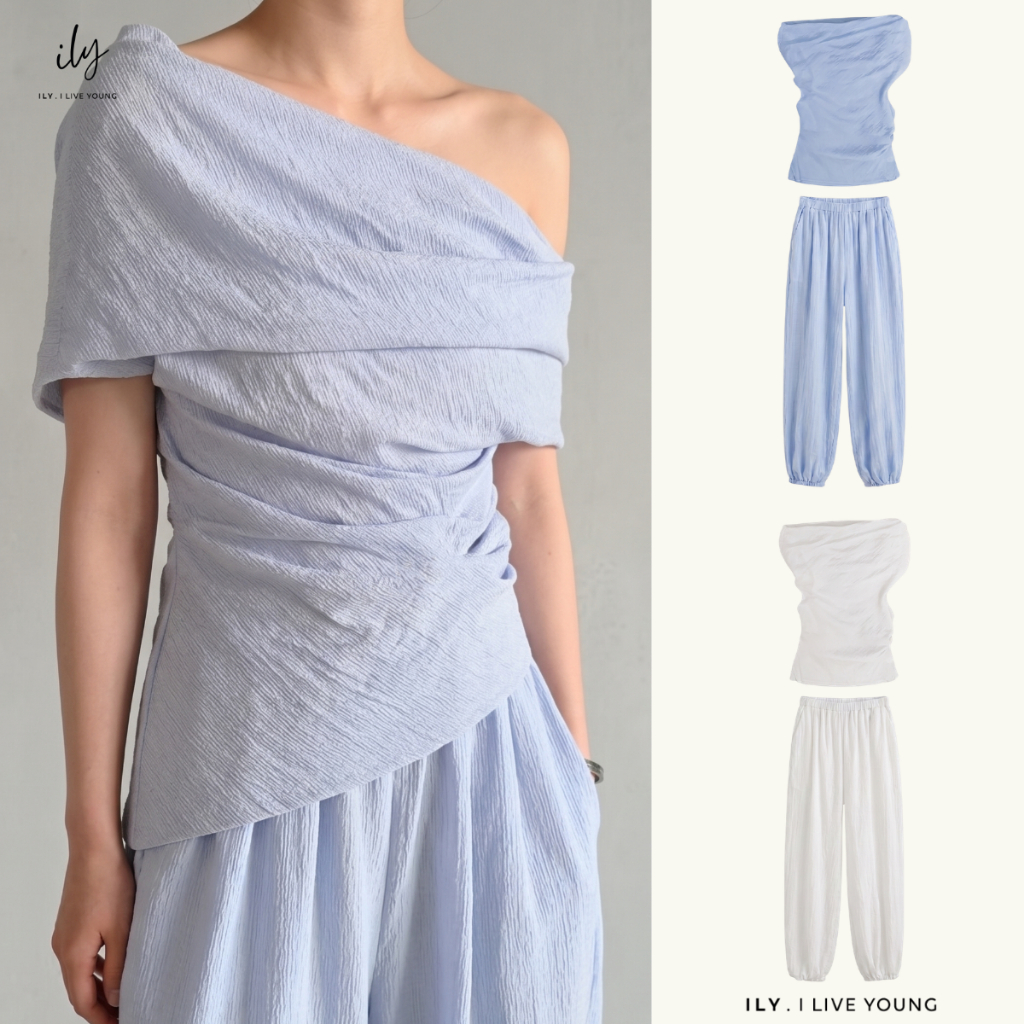 ILY - ชุดเซต 2 ชิ้น Jinnie Pant Set เสื้อจับจีบปาดไหล่ กางเกงจั๊มปลายขา ผ้าสวยมีเท็กซ์เจอร์ ใส่ไปเที่ยว คาเฟ่ ดินเนอร์