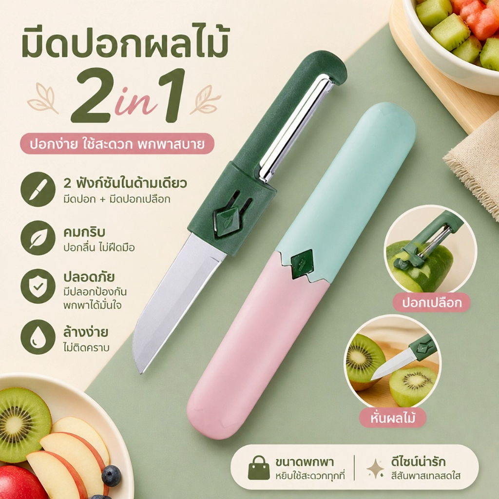 มีดปอกผลไม้ 2in1 พร้อมปลอกมีดนิรภัย คมกริบ ใช้งานง่าย พกพาสะดวก เหมาะสำหรับครัวและเดินทาง
