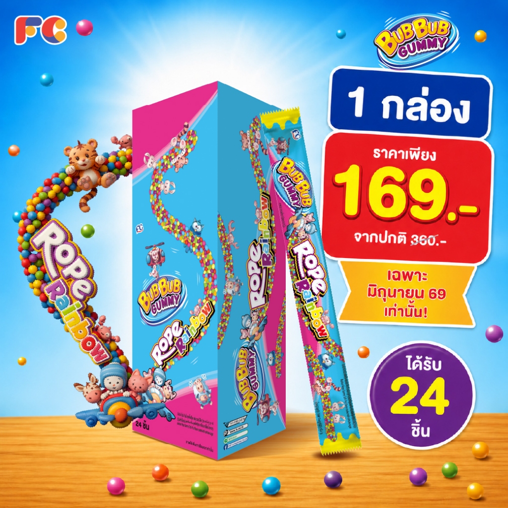 FC เยลลี่ชิ้นยาว บับบับ โรป กัมมี่ ทุตตี้ฟรุ้ต [1 กล่อง 24 ชิ้น] เคลือบด้วยเกล็ดน้ำตาล หอมหวานผลไม้