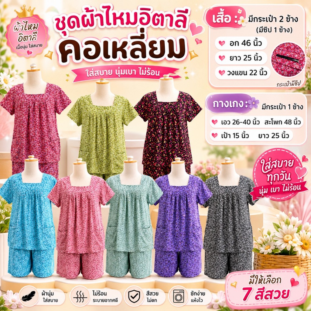 เสื้อคอเหลี่ยม ผ้าไหมอิตาลี มีกระเป๋า ผ้านิ่มใส่สบาย ใส่อยู่บ้าน (D02)