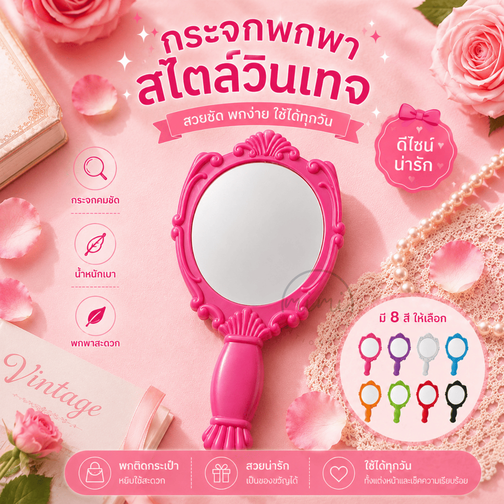 กระจกกุหลาบมีด้ามจับ พกพา