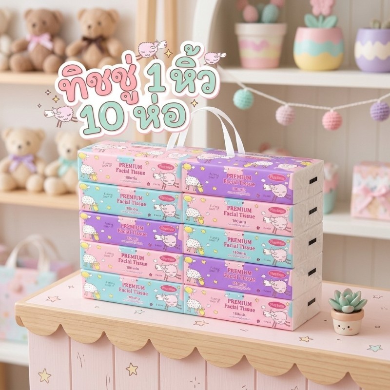 ทิชชู่แบบยาว(ยกเเพ๊ค10ห่อ) หนา 3 ชั้น (1 ห่อ180 แผ่น)คละลาย
