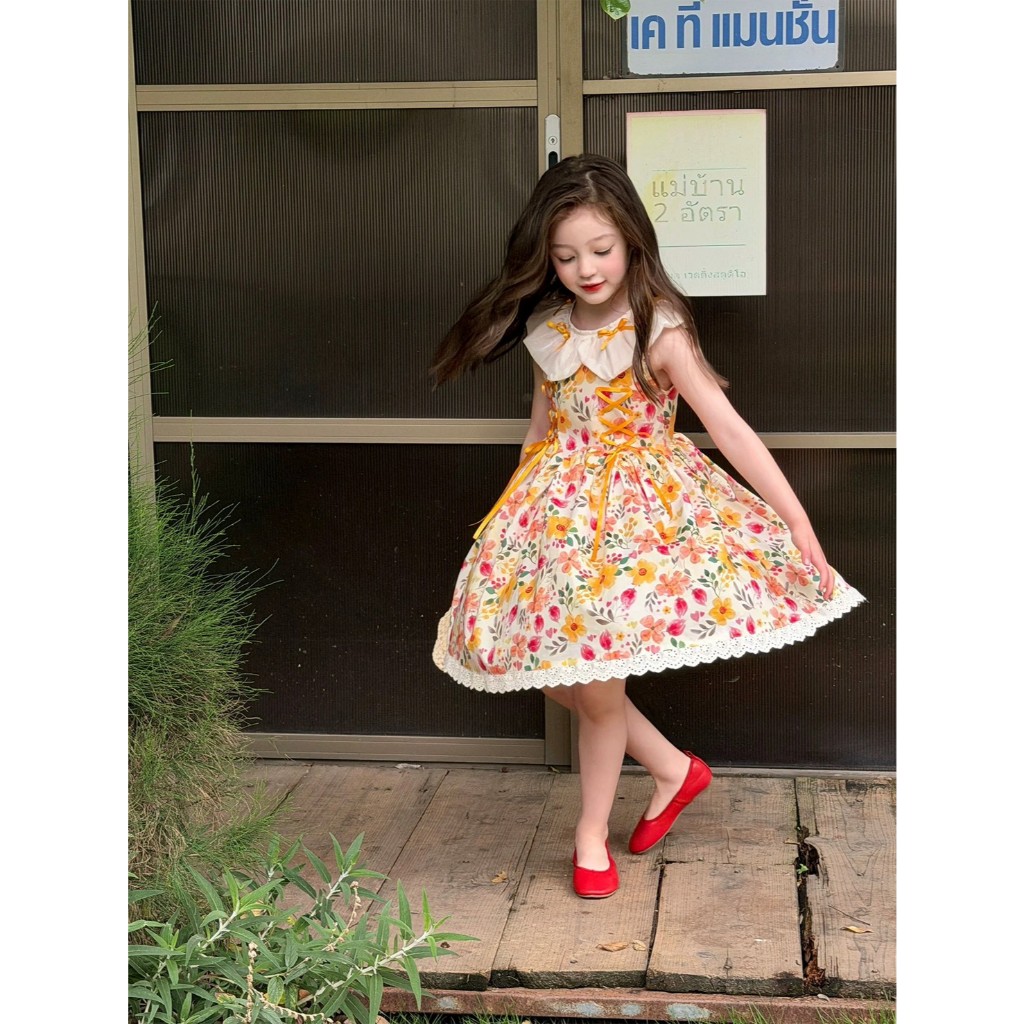 BB343 เดรสเด็กผู้หญิงลายดอกไม้ วินเทจเจ้าหญิง แต่งโบว์หวาน รูปที่ 3