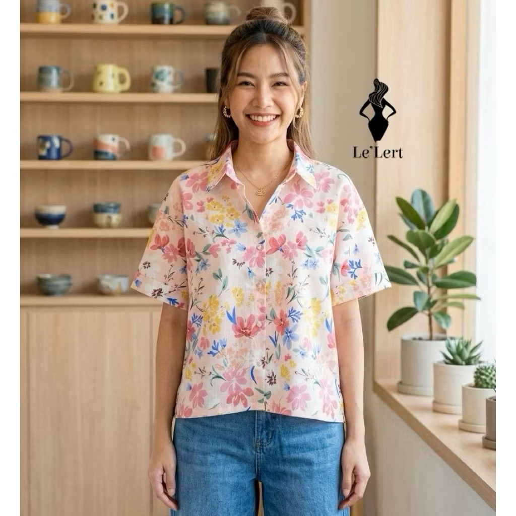 เสื้อเชิ้ตคอปกแขนสั้นกระดุมหน้า detail ผ่าข้างเนื้อผ้าลินินญี่ปุ่นอยู่ทรงไม่ร้อน🆕