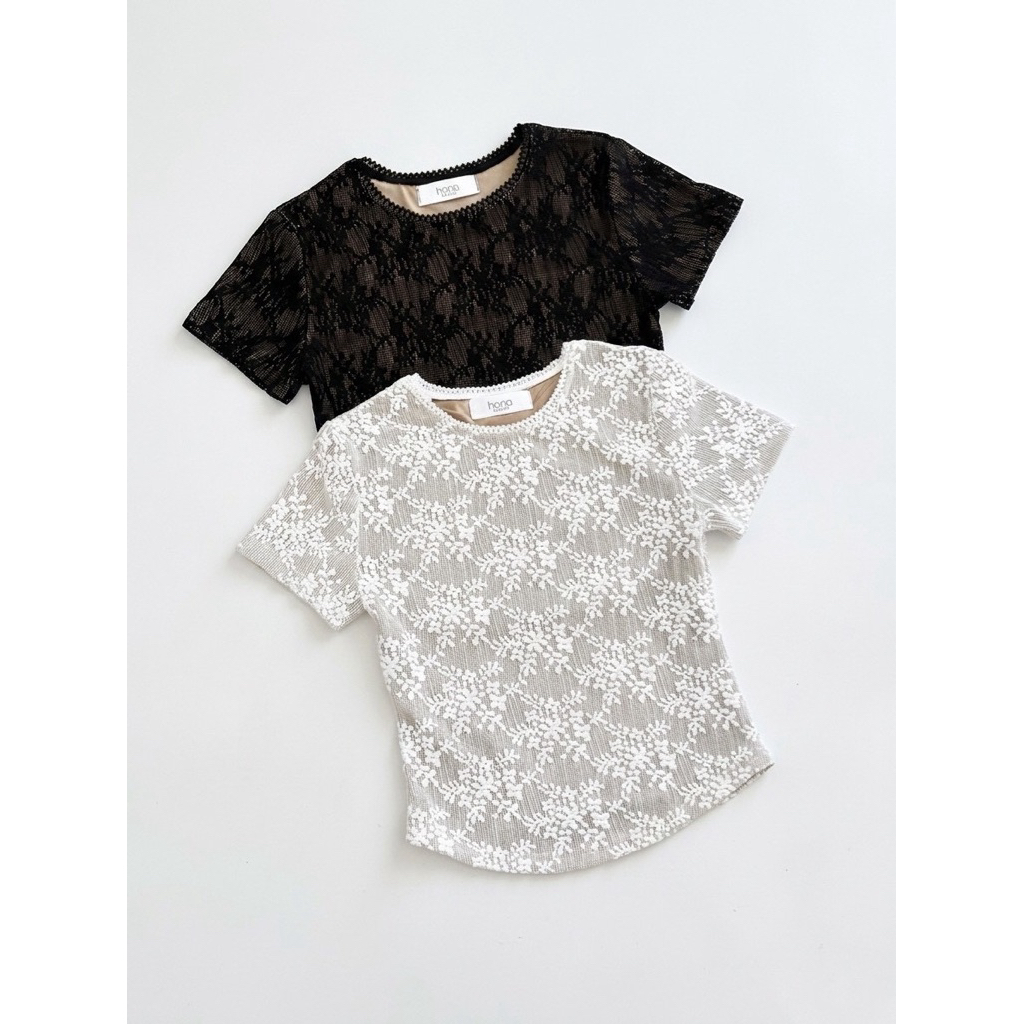 HANABRAND: Yula Lace Top (ยูล่า)  เสื้อคอกลม แขนสั้น ผ้านิ่มมาก เนื้อผ้าลูกไม้ฉลุ