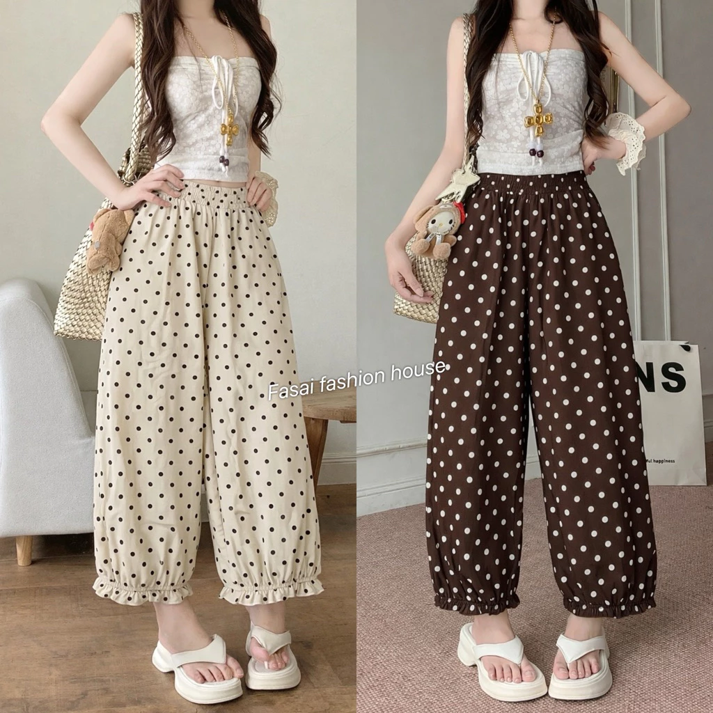 กางเกงบอลลูน ลายจุด Polkadot ขาระบาย (เอว 24-38) ผ้าเครปญี่ปุ่น ผ้านุ่มใส่สบาย