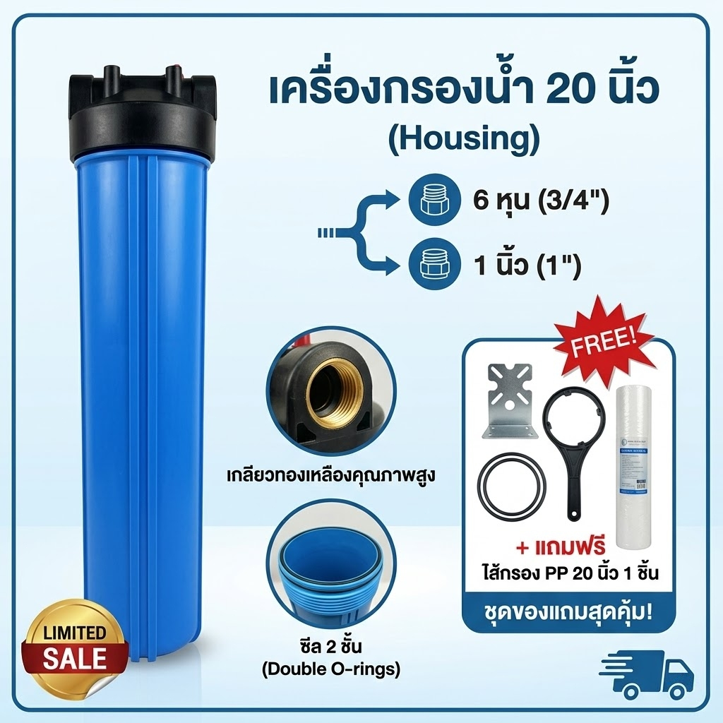 Purify กระบอกกรองน้ำ Housing 20 นิ้ว 6 หุน 4 หุน แบบใส แบบทึบ เกลียวทองเหลือง เครื่องกรองน้ำ เครื่องกรองน้ำใช้ 1 ขั้นตอน