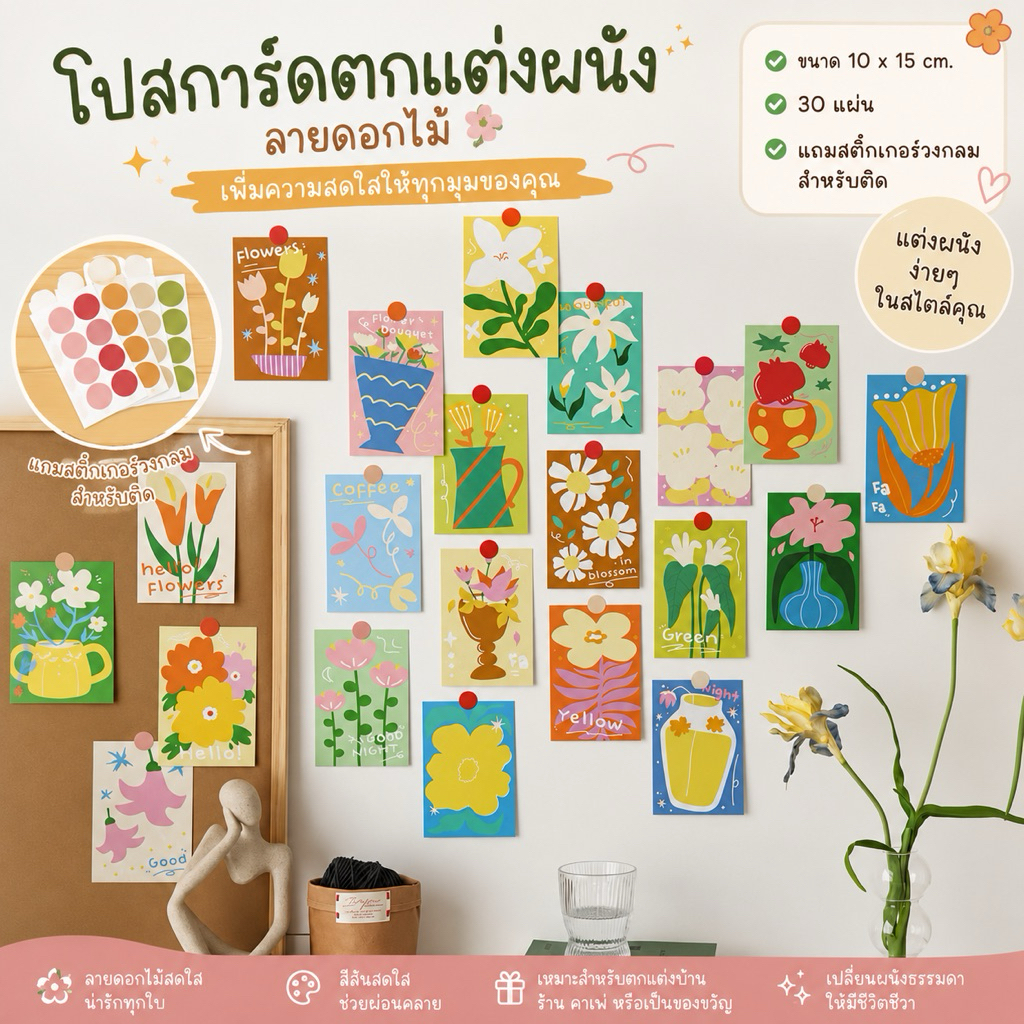 💥ล้างสต๊อก💥(380-3)โปสการ์ดตกแต่งห้องลายดอกไม้