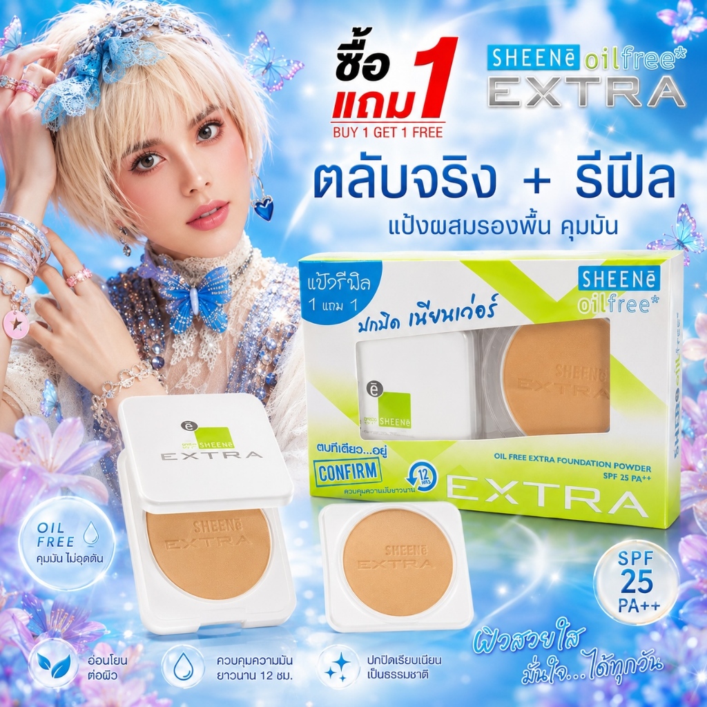 (จริง+รีฟิล) ชีนเน่ เอ็กซ์ตร้า Sheene Extra Oil free แป้งกันน้ำ คุมมัน กันแดด ปกปิดดี แป้งชีเน่