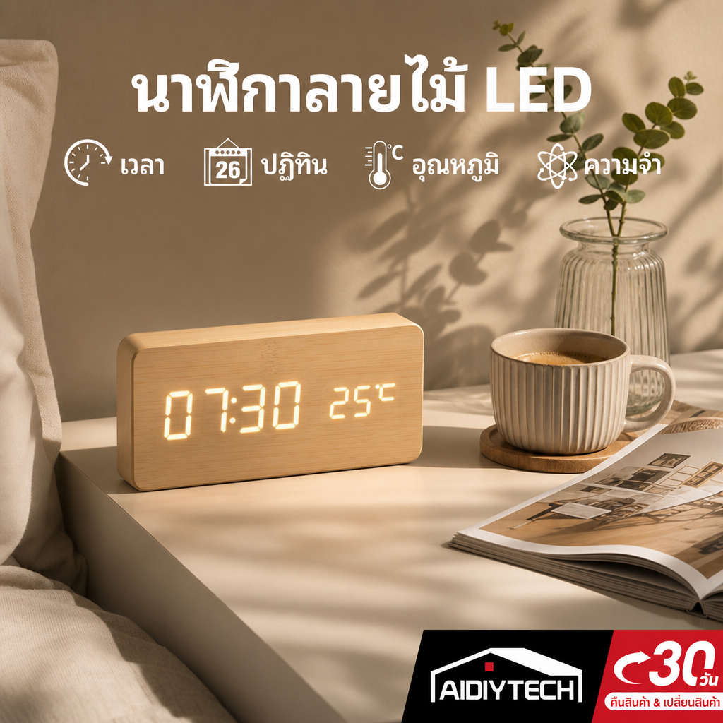 นาฬิกาตั้งโต๊ะดิจิตอล นาฬิกาลายไม้ LED นาฬิกาปลุกควบคุมเสียง สไตล์มินิมอลญี่ปุ่น แต่งห้องนอนน่ารัก บอกอุณหภูมิ [ส่งด่วน]
