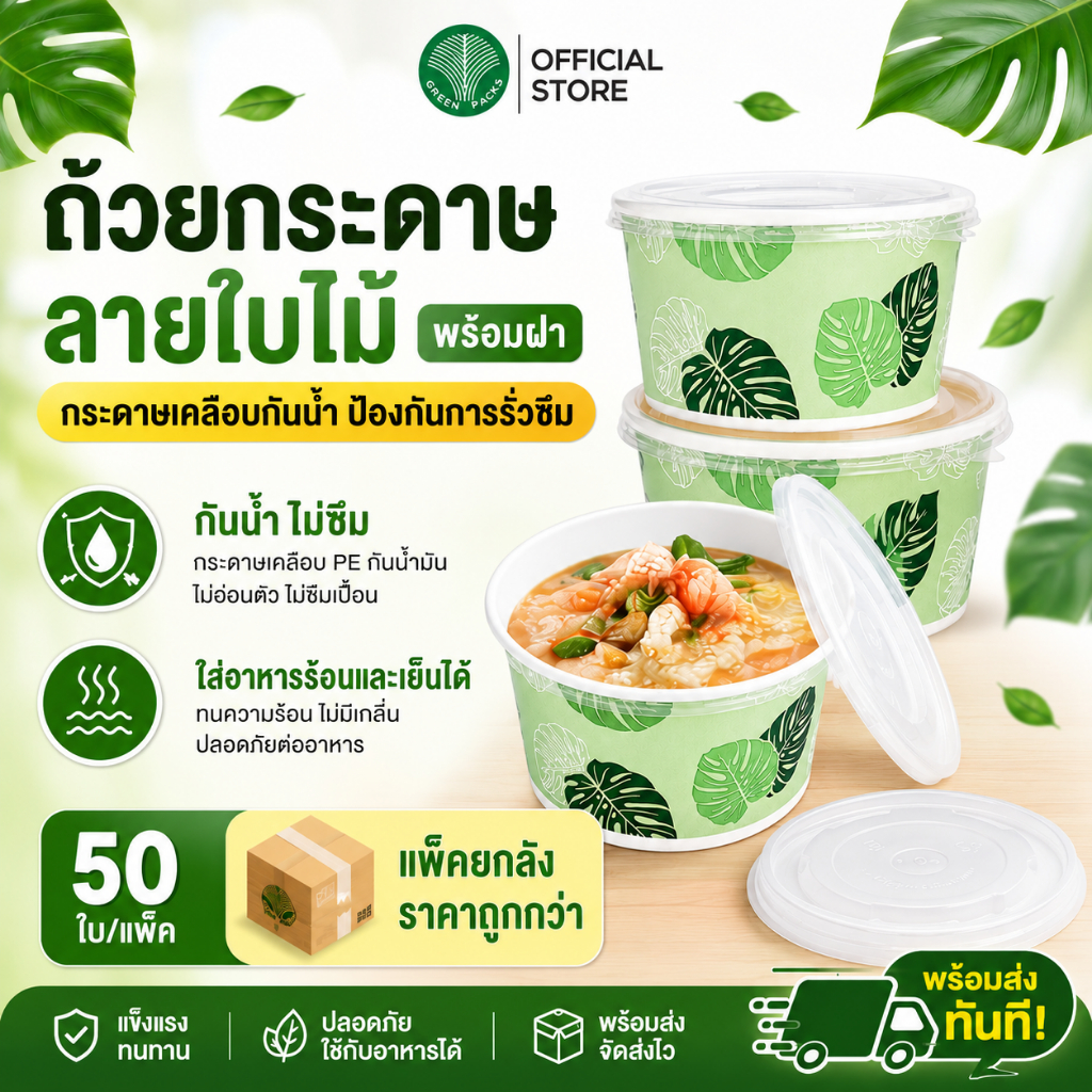 [ยกลัง ชาม+ฝา] ชุดชามกระดาษ พิมพ์ลาย ขนาด 750ml. (300ชุด/ลัง) ลายใบไม้ ถ้วยกระดาษพิมพ์ลาย ราคาโรงงาน