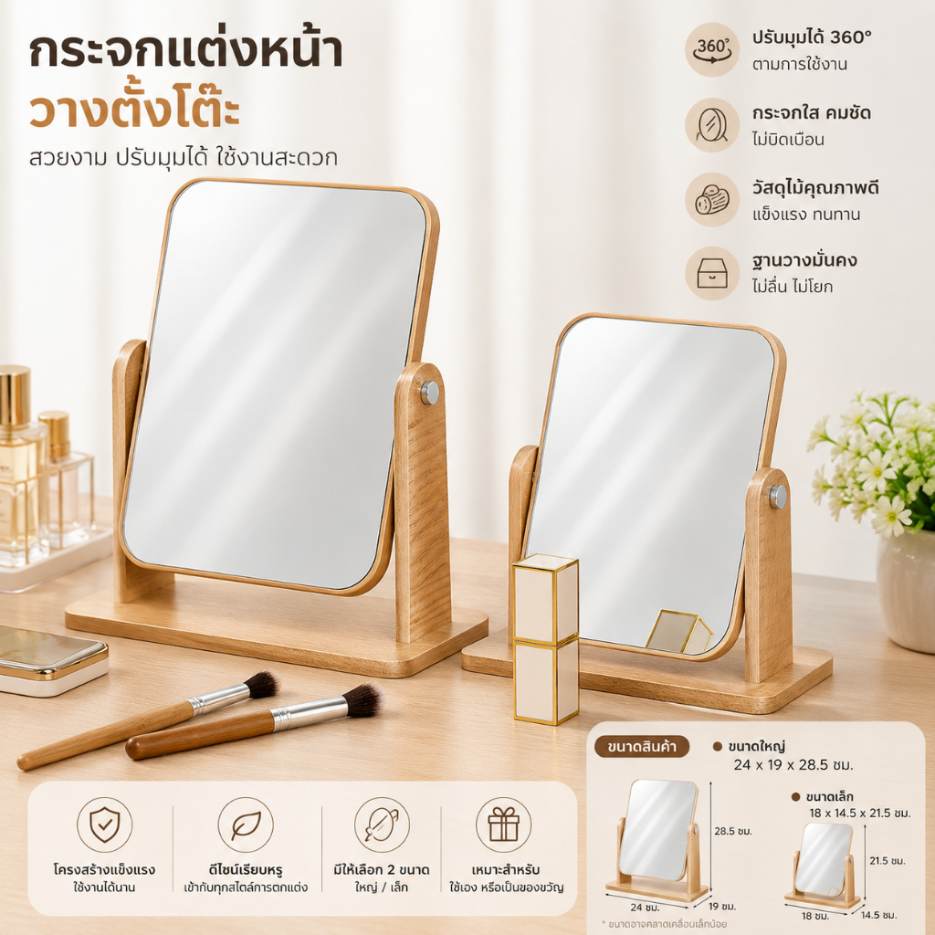 กระจกแต่งหน้าหมุนปรับองศาได้ ขอบอัดทำด้วยไม้ มี 2 ขนาดให้เลือก กระจก กระจกตั้งโต๊ะ หมุน/พับ สไตล์เกาหลี Makeup mirror
