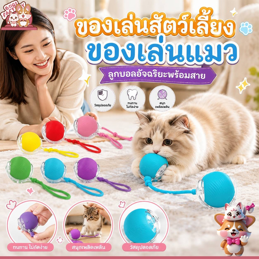 Boqi Factory 🐱 ของเล่นสัตว์เลี้ยง ของเล่นแมว ลูกบอลอัจฉริยะพร้อมสาย Playball3