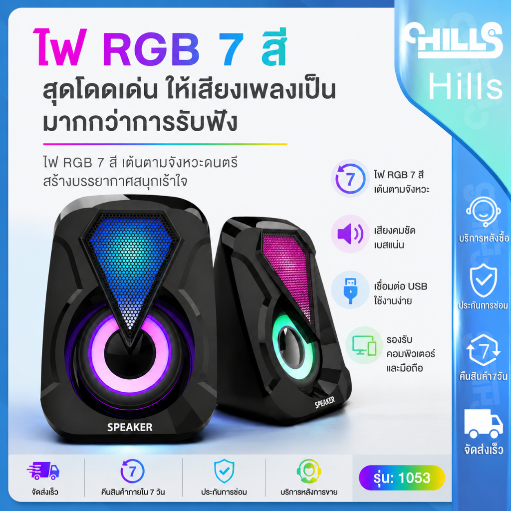 Hills ลำโพงคอมพิวเตอร์ ลำโพงมีไฟแสง LED RGB ลำโพง USB คอม ดีไซน์ทันสมัย ใช้งานได้กับโน๊ตบุ๊คแล็ปท็อป ของแ