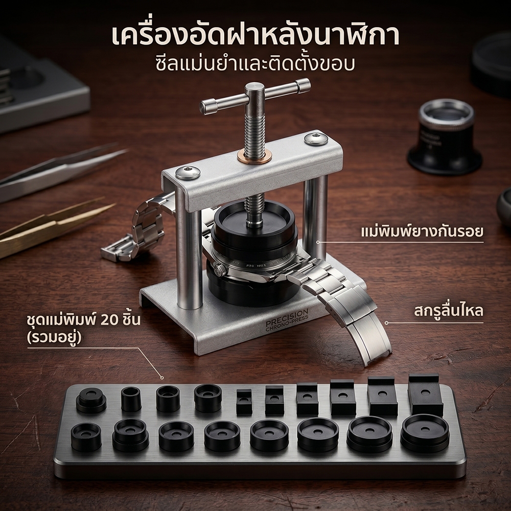 เครื่องกดฝาหลังนาฬิกา แบบเกลียวหมุน พร้อมแม่พิมพ์ดายส์ 18 ชิ้น ชุดเครื่องมือซ่อมนาฬิกา เปลี่ยนถ่านนาฬิกาข้อมือ